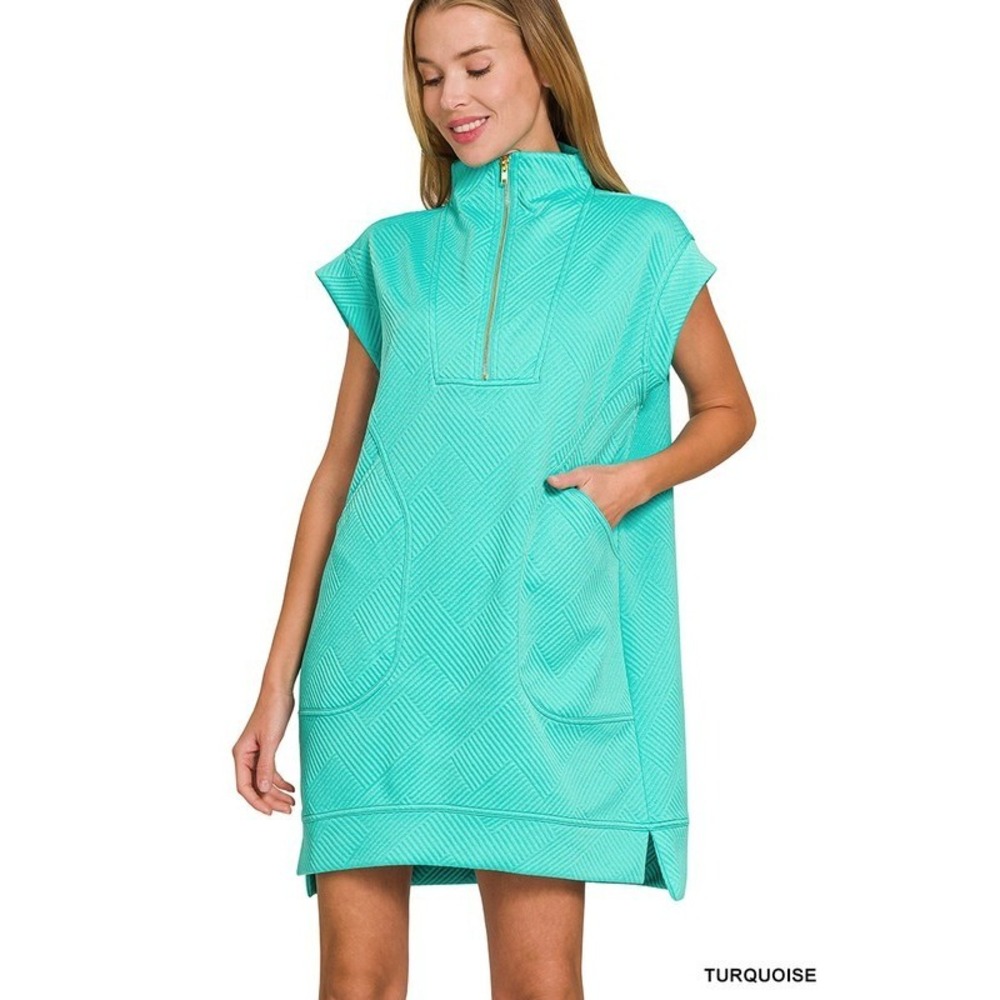 Zenana Textured Knit Jacquard Quarter Zipper Mini Dress - Medium